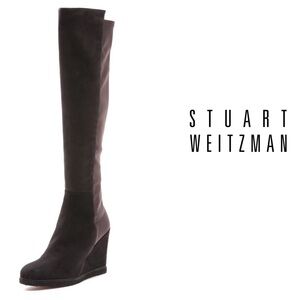 Stuart Weitzman Demiswoon 50/50 Knee High Wedge Boots Cola Brown Suede, Size 6